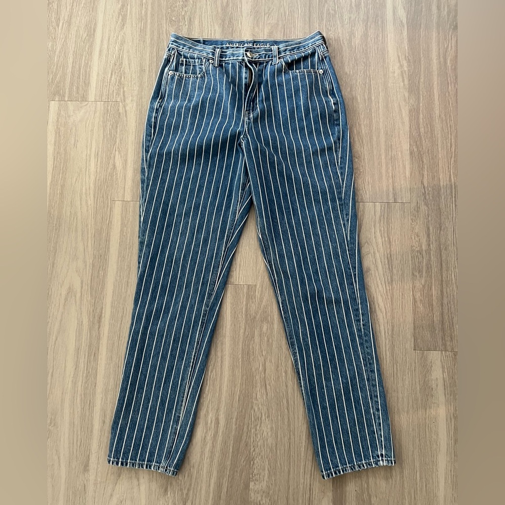 American Eagle Striped Mom Jeans Size 10 Long High Rise Straight Leg Pinstripe